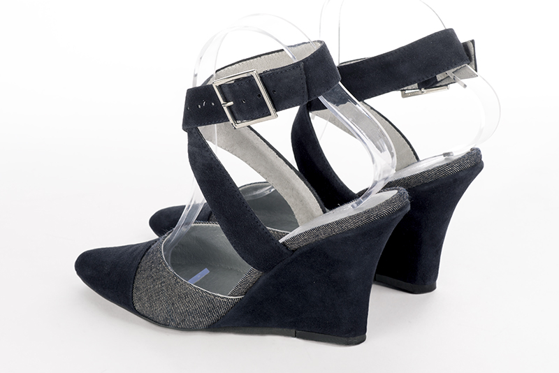 Navy blue women's open back shoes, with crossed straps. Tapered toe. High wedge heels. Rear view - Florence KOOIJMAN
